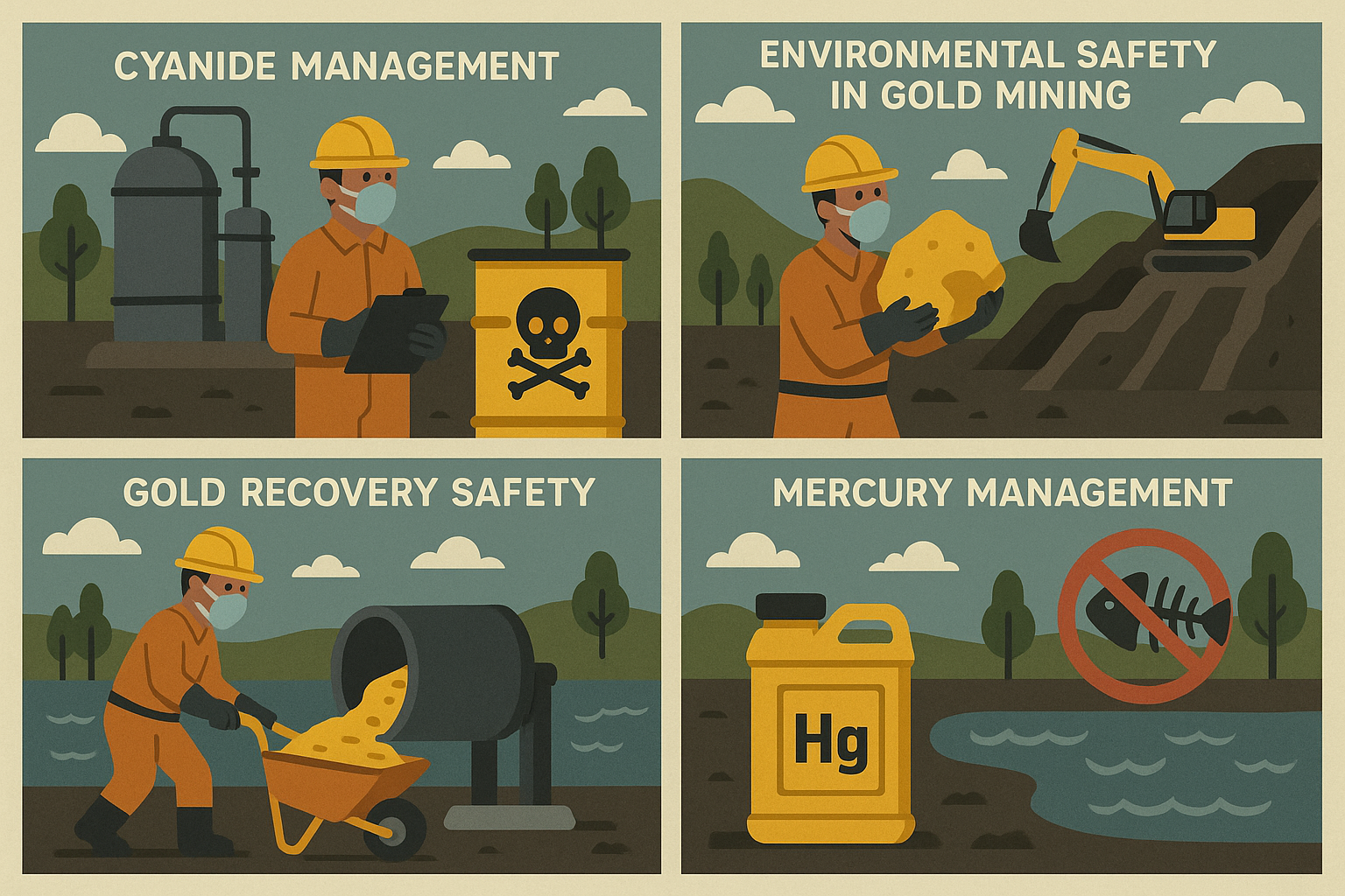 Infographic on environmental and safety practices in gold mining, focusing on cyanide detoxification, mercury management, and pollution control measures.